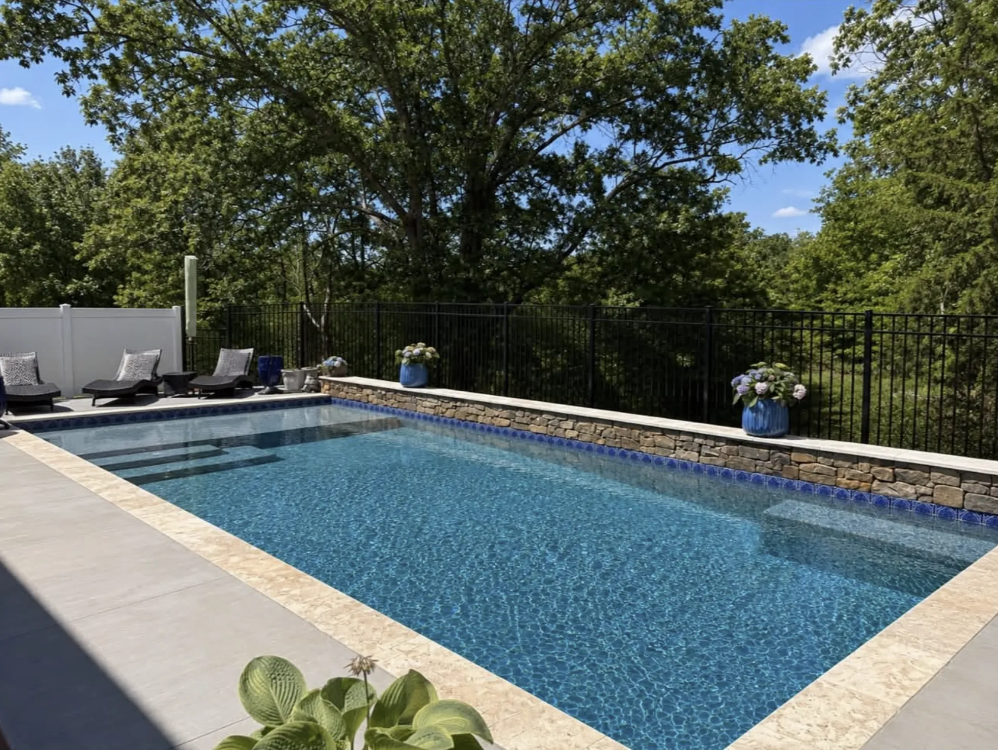 Blue tile pool with a raised stacked-stone wall along a wooded lot